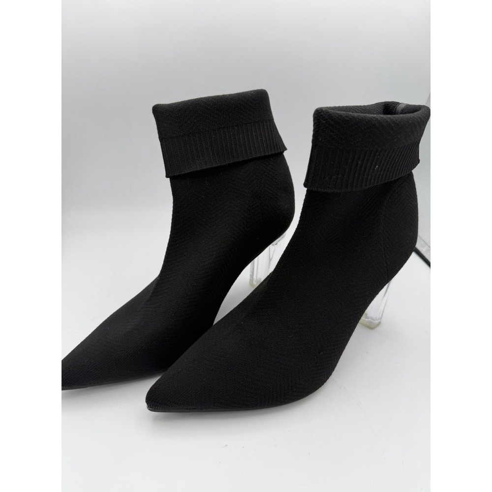 CUCCOO Black Knit Sock Ankle Boots Clear Lucite Block Heel Sz 39 8.5        1699